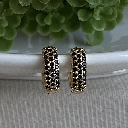 Brinco Argolinha 3 Fileiras Zircônia Negra Semijoia Ouro