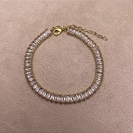 Pulseira Riviera Retangular Cristal Semijoia Ouro