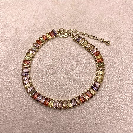 Pulseira Riviera Retangular Colorida Semijoia Ouro