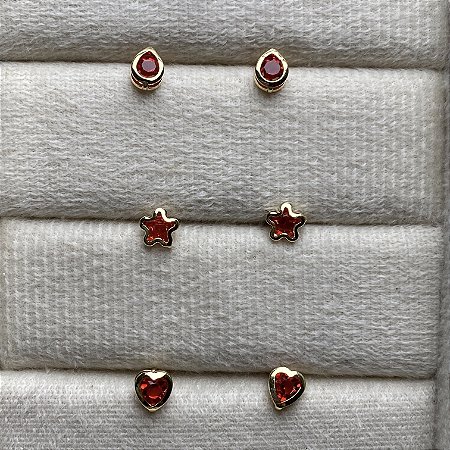Trio de Brincos Vermelho Semijoia Ouro