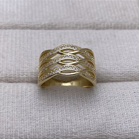 Anel Ondas Intercaladas Semijoia Ouro