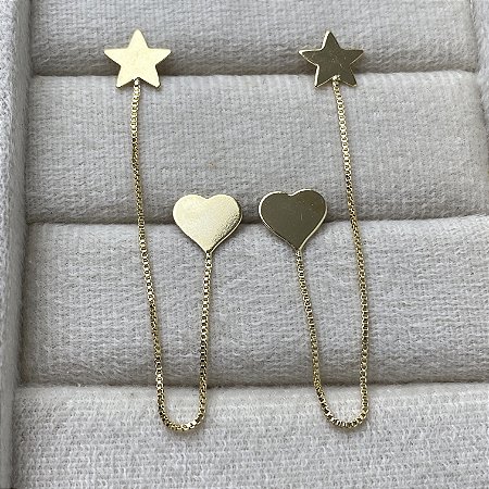 Brinco Duplo Coração e Estrela Semijoia Ouro