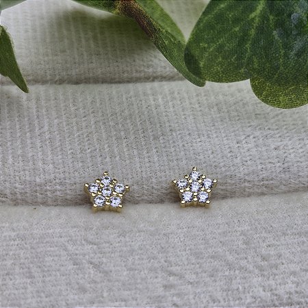 Brinco Flor Estrela Cristal Semijoia Ouro