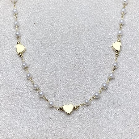 Pulseira Corações 5 Perolinhas Semijoia Ouro