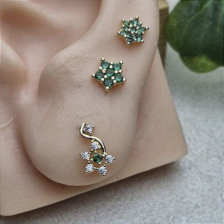 Brinco Segundo Furo Florzinha Esmeralda Semijoia Ouro