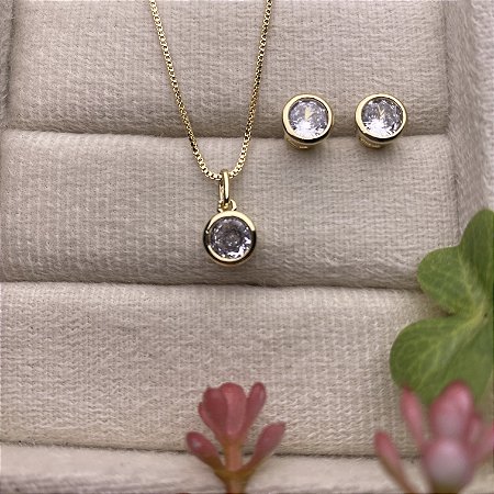 Conjunto Zircônia Redonda Semijoia Ouro