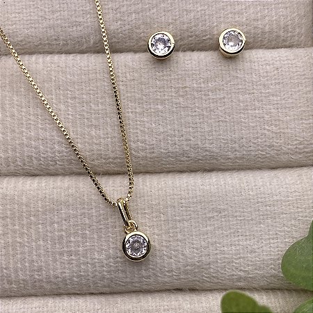 Conjunto Zircônia Redonda P Semijoia Ouro