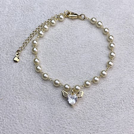 Pulseira Pérolas Pingente Coração Semijoia Ouro