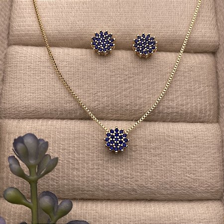 Conjunto Liz Azul Semijoia Ouro