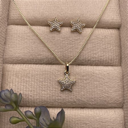 Conjunto Estrelas Cravejadas Semijoia Ouro