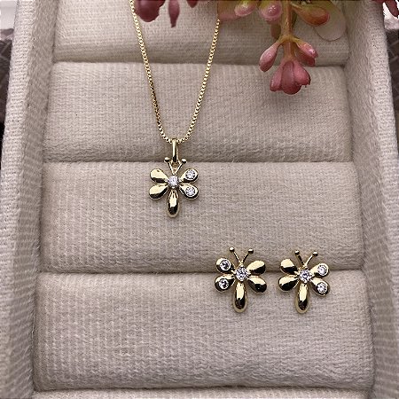 Conjunto Libélula Semijoia Ouro