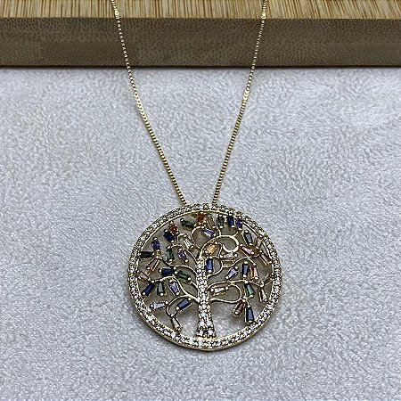 Colar Árvore da Vida Colorida Luxo Semijoia Ouro