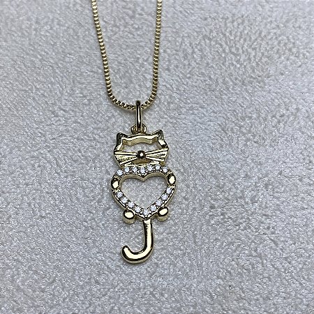 Colar Gato Coração Semijoia Ouro
