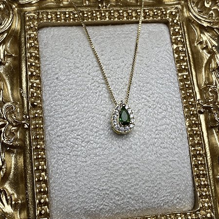 Colar Gotinha Alta Esmeralda Semijoia Ouro