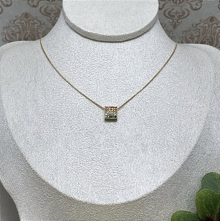 Colar Quadradinho Colorido Semijoia Ouro
