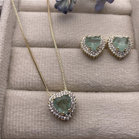 Conjunto Coração Fusion Esmeralda Semijoia Ouro