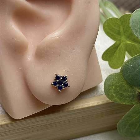 Brinco Flor Estrela Safira Semijoia Ouro