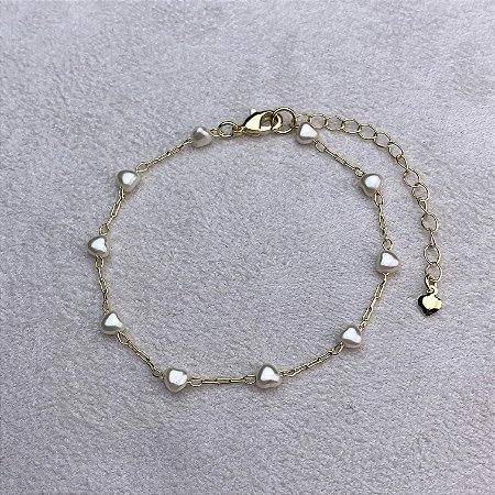 Pulseira Corações de Pérola Semijoia Ouro