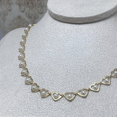 Colar Choker Corações com Pérolas Semijoia Ouro