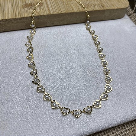 Colar Choker Corações com Pérolas Semijoia Ouro