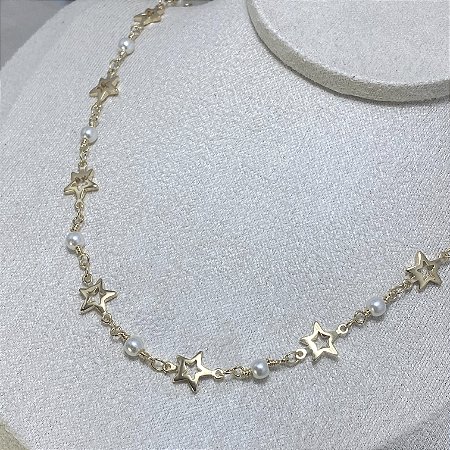 Colar Choker Pérola Estrela Semijoia Ouro