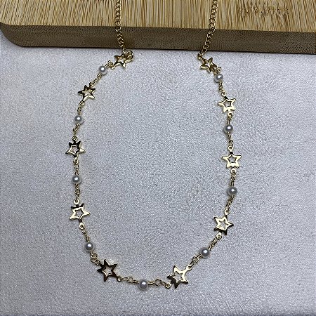 Colar Choker Pérola Estrela Semijoia Ouro