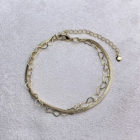 Pulseira Dupla Fita e Corações Semijoia Ouro