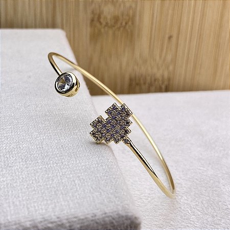 Bracelete Coração e Zircônia Redonda Semijoia Ouro