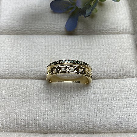 Anel Aparador com Corrente Esmeralda Semijoia Ouro