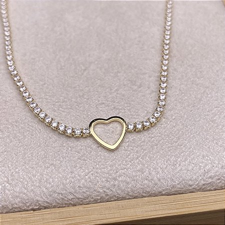 Colar Choker Riviera Coração Vazado Semijoia Ouro