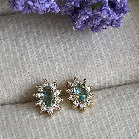 Brinco Esmeralda Oval com Zircônias Semijoia Ouro