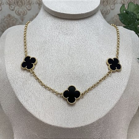 Colar 3 Trevos Black Elinhos Semijoia Ouro