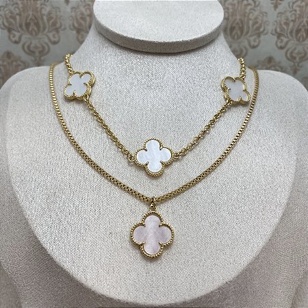Colar 1 Trevo Rosa Semijoia Ouro