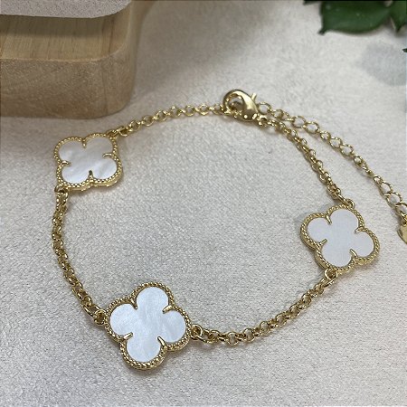 Pulseira 3 Trevos White Semijoia Ouro
