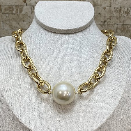 Colar Elos com 1 Pérola Semijoia Ouro