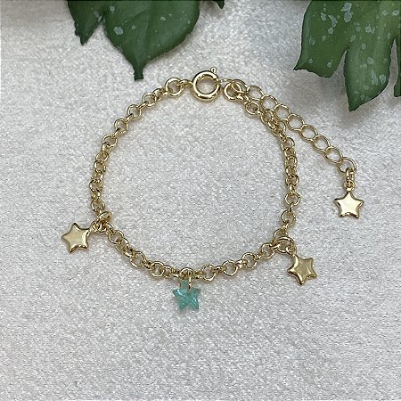 Pulseira Infantil Estrelinha Verde Semijoia Ouro