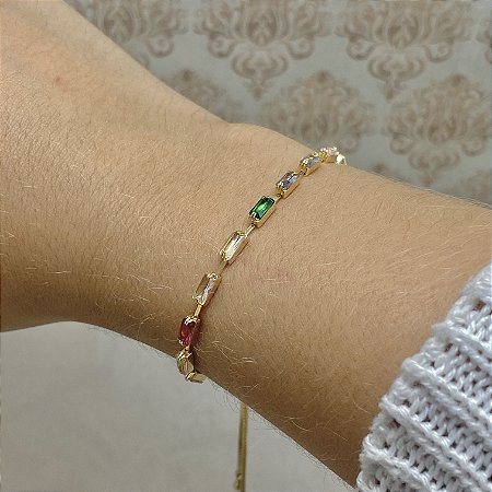 Pulseira Ajustável Navete Colorida Semijoia Ouro