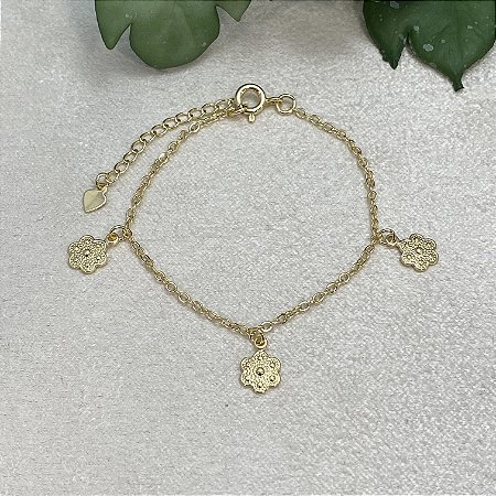 Pulseira Infantil 3 Florzinhas Semijoia Ouro