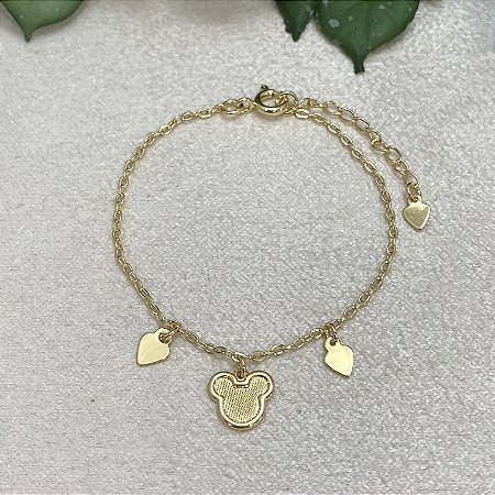 Pulseira Infantil Mickey com 2 Corações Semijoia Ouro
