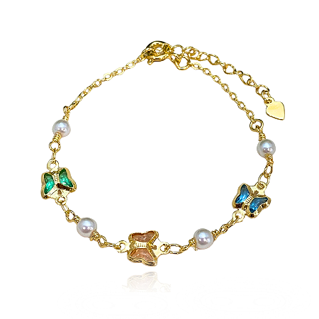 Pulseira Infantil Borboletas e Pérolas Semijoia Ouro