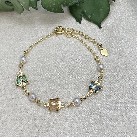 Pulseira Infantil Borboletas e Pérolas Semijoia Ouro