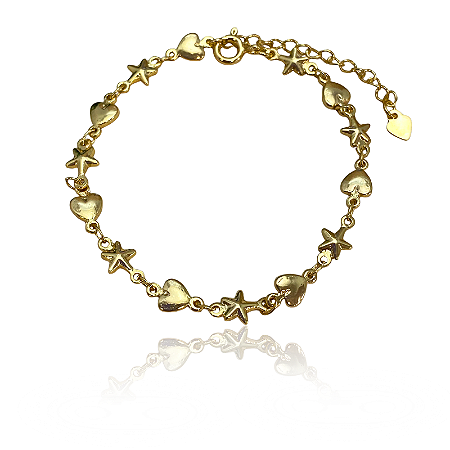 Pulseira Coração Estrela Enfileirados Semijoia Ouro