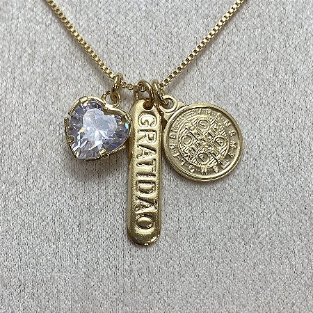 Colar Coração, São Bento, Gratidão Semijoia Ouro