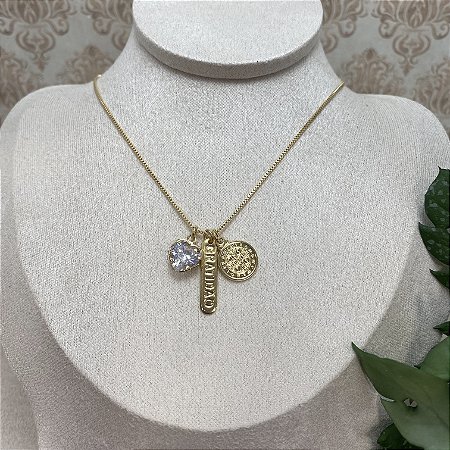 Colar Coração, São Bento, Gratidão Semijoia Ouro