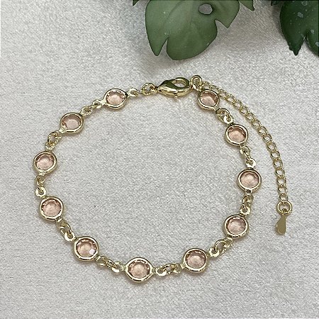 Pulseira Confete Cristal Rosa Semijoia Ouro