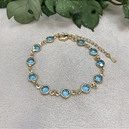 Pulseira Confete Cristal Azul Semijoia Ouro