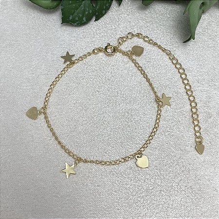 Tornozeleira Corações e Estrelas Semijoia Ouro