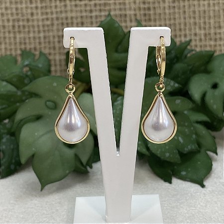 Brinco de Argolinha com Pérola em Gota G Semijoia Ouro