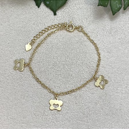 Pulseira Infantil 3 Borboletas Vazadas Semijioa Ouro