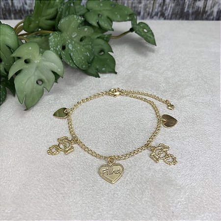 Pulseira 3 Corações 2 Meninas Semijoia Ouro